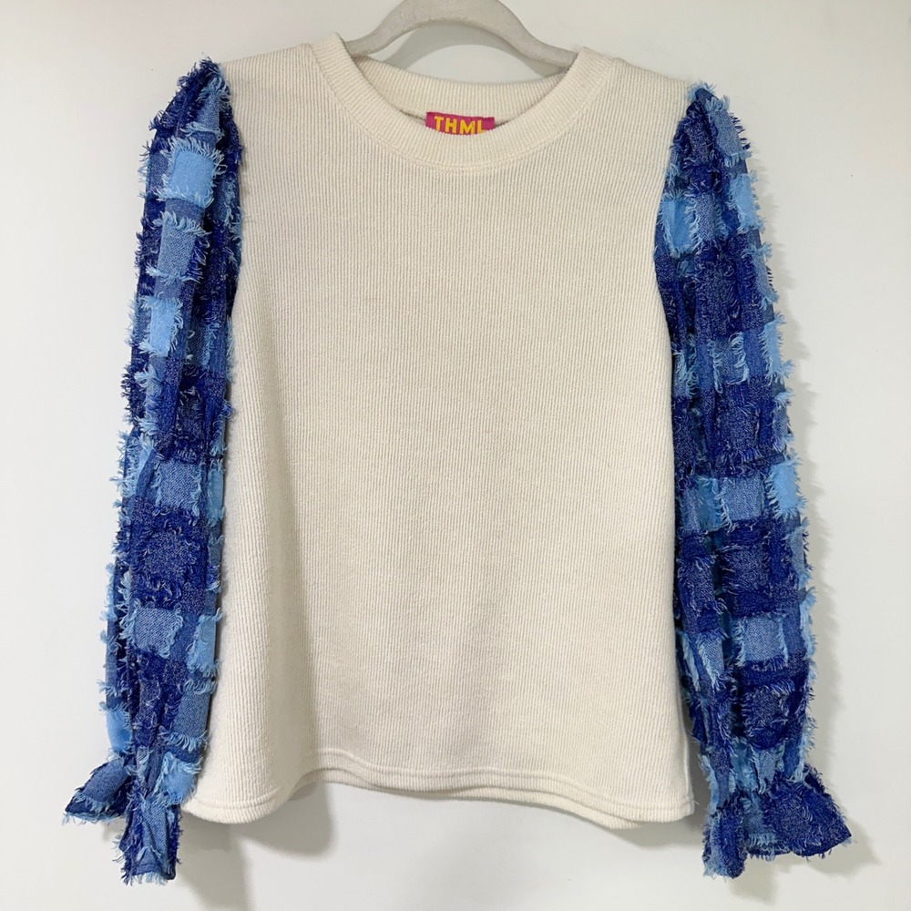 THML Ribbed Knit Top Women Small Cream Blue Plaid Fringe Puff Sleeve Eclectic